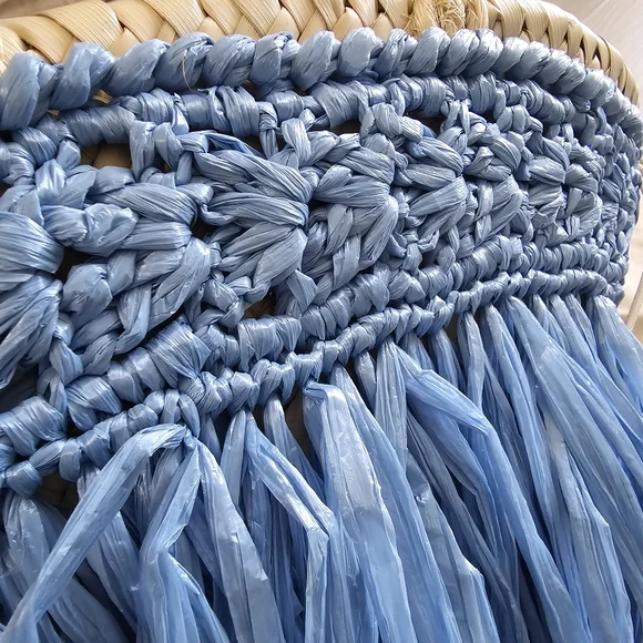 Caterina Bertini Fringe Straw Mini Tote Blue Made In Italy - Picture 4 of 17